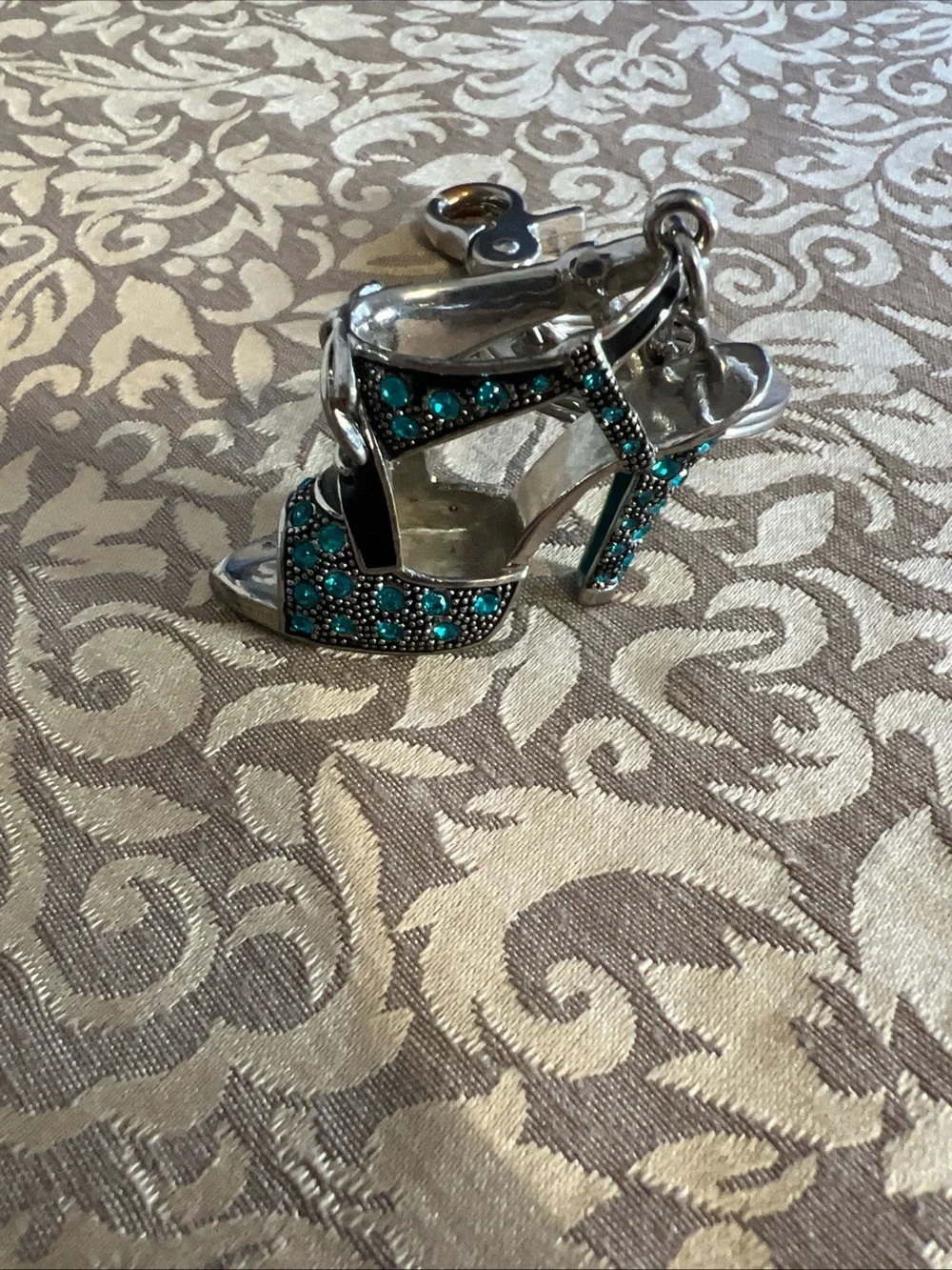 Spring Street High Heel Shoe Keychain Rhinestones Teal Turquoise Fashion